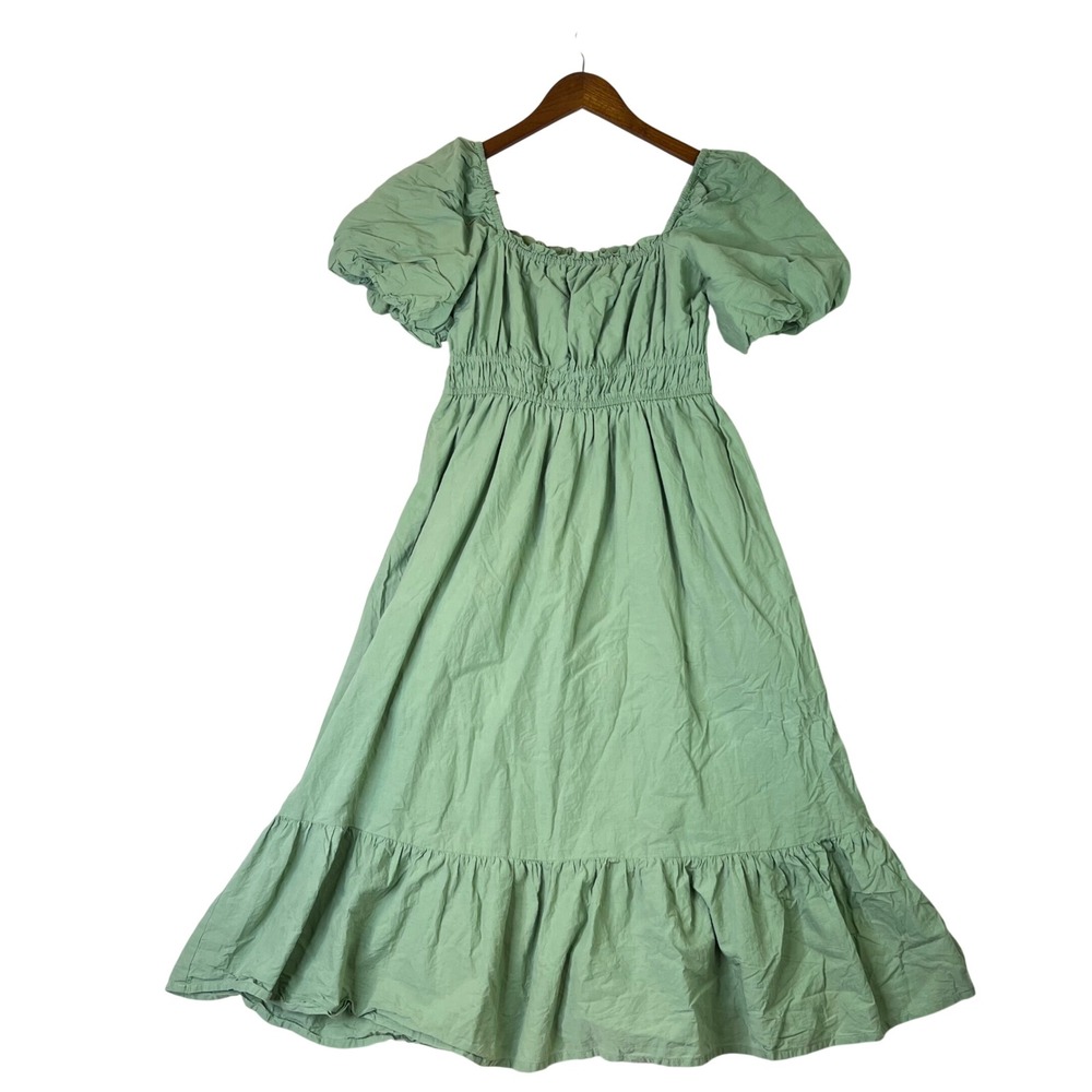 Dizzy Lizzy 100% Cotton Green Smocked Babydoll Dress Large Puff Tiered Midi